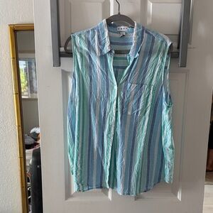 Sleeveless Striped Button Down Shirt - Blue and Green